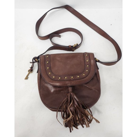 Fossil Handbags - Fossil Womens Emi Tassel Saddle Crossbody Bag Brown Leather Studded BOHO